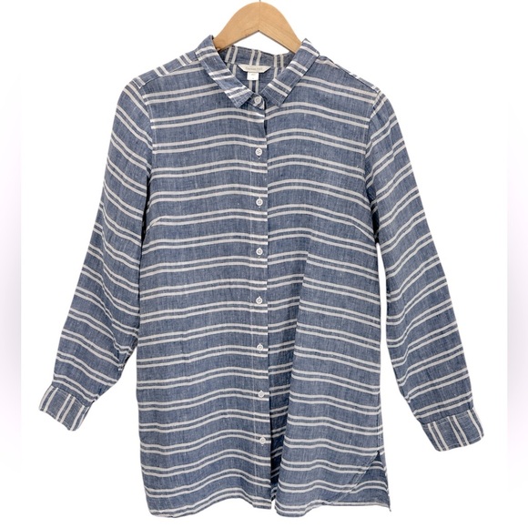 Garnet Hill Striped Linen Collared Button Up Tunic Top Beachy Coastal Chic - Picture 2 of 10